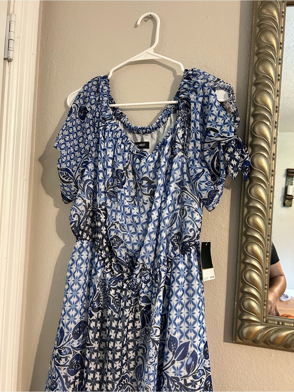 Nine West Blue & White Patterned High-Low Ruffle Dress - Picture 3 of 8